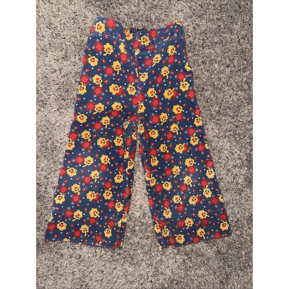 Vtg 70s Buster Brown 4 Girls Bell Bottom Flower Corduroy Pants Poly Flare Blue